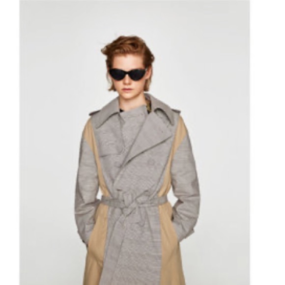 Zara Jackets & Blazers - Plaid Mixed Media Belted Trench Coat